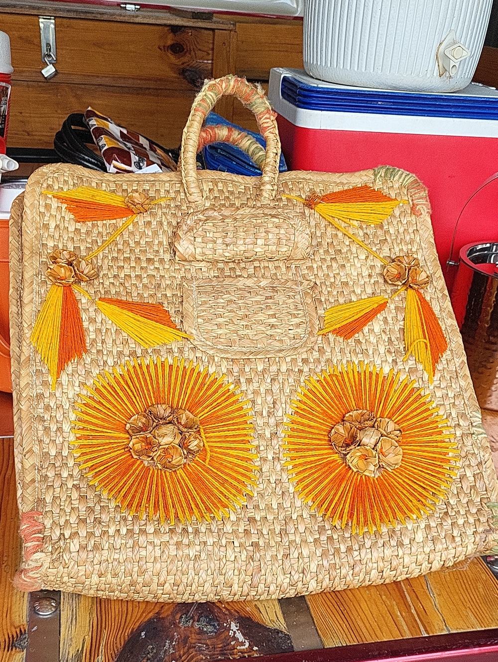 Handwoven Straw Tote Bag with Orange Accents